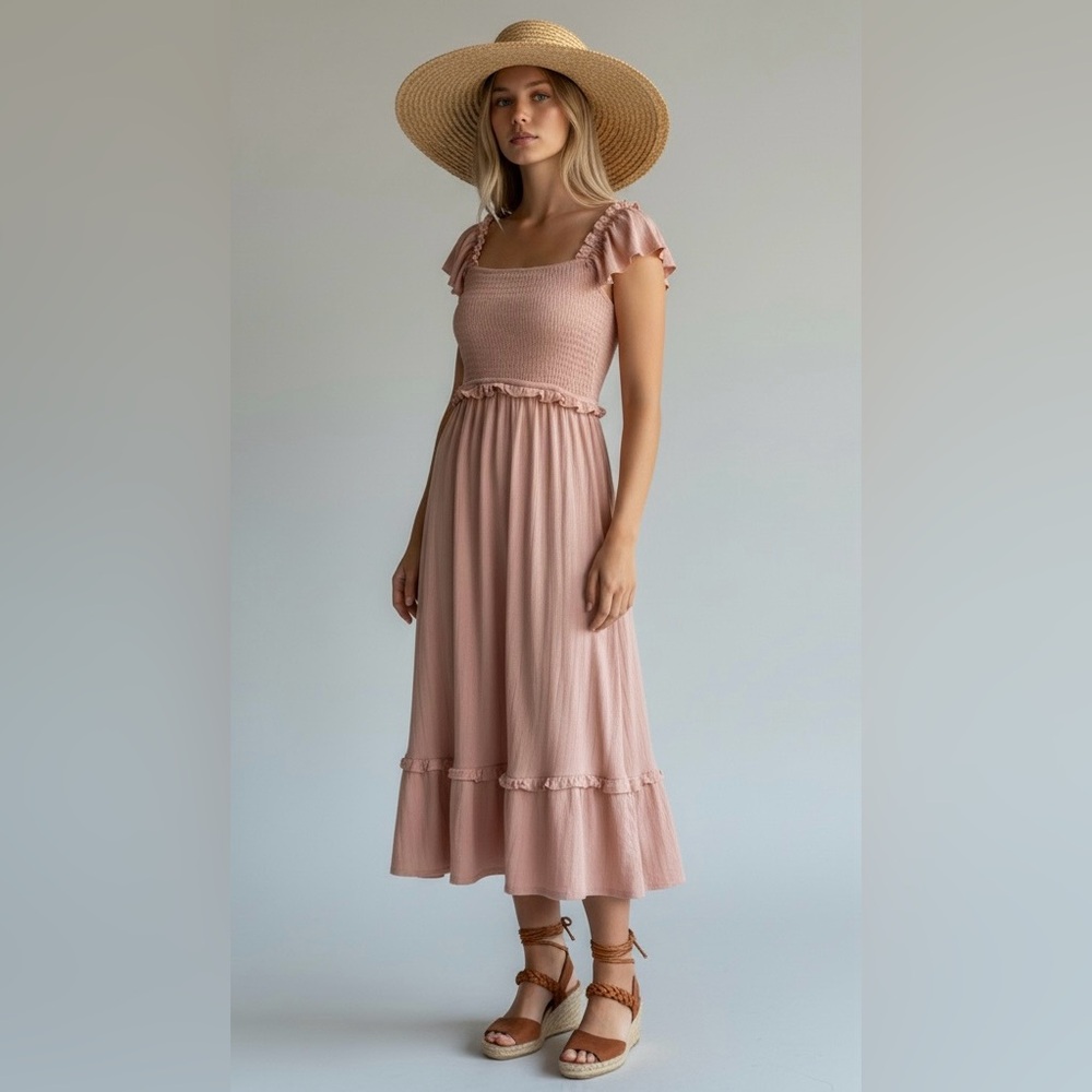 NEW Pink Maxi‎ Dress Medium Smocked Ruffle  Flutter Sleeve Bohemian Boho